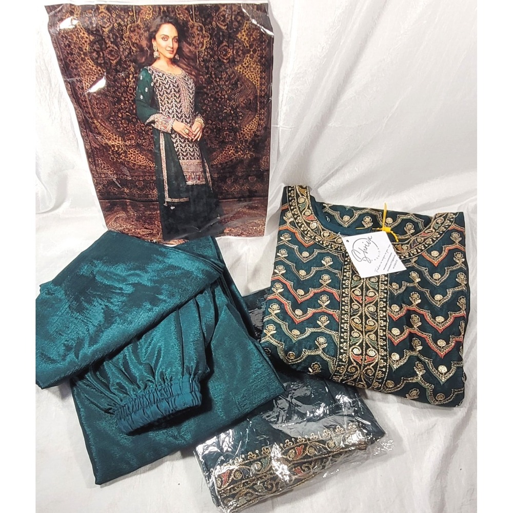 Shriva Women's Seta Silk Salwar Kameez Dupatta Kurta Set - Forest Green - Medium